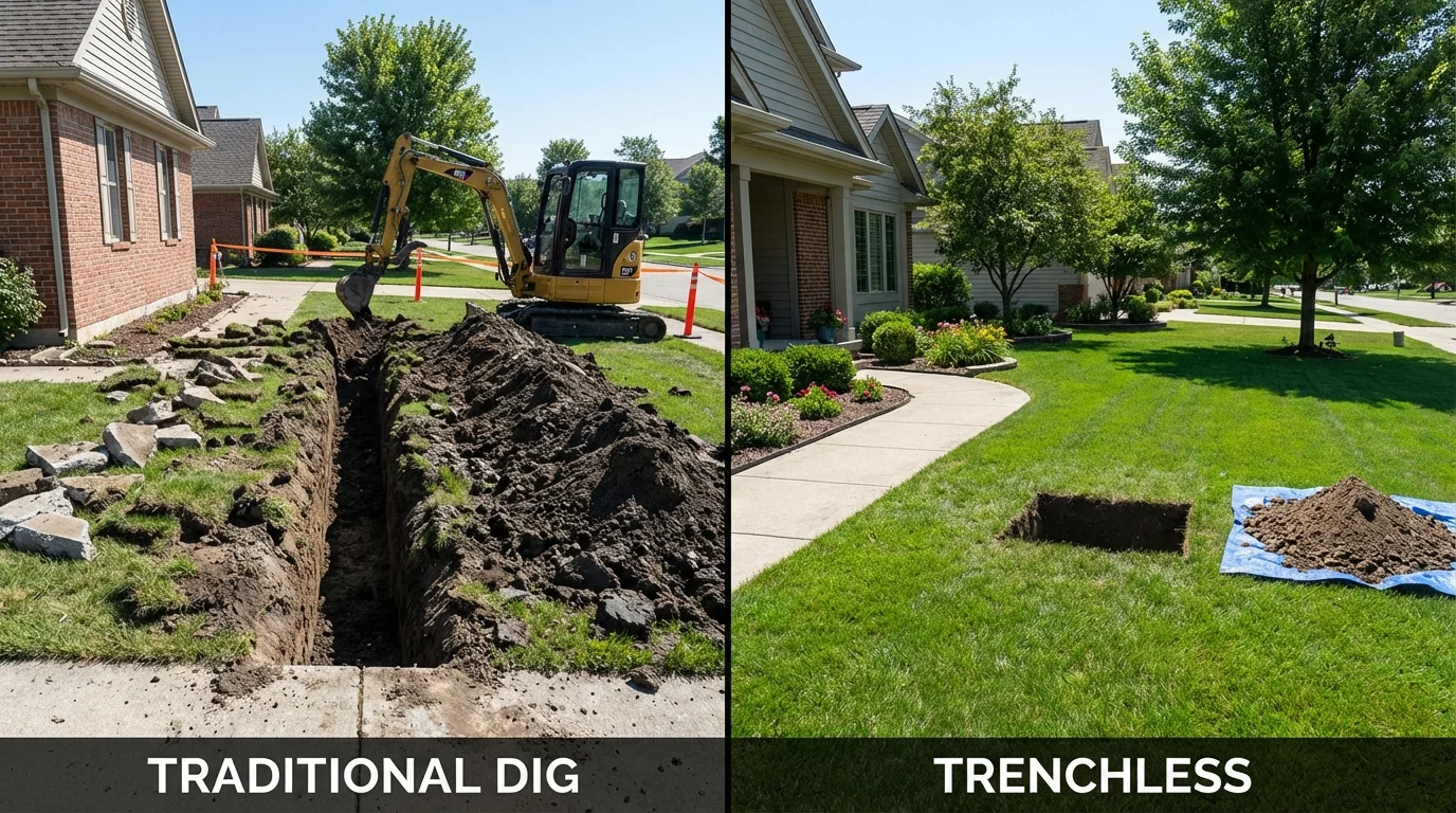 Trenchless sewer repair with minimal yard damage versus traditional excavation in Dunlap, TN