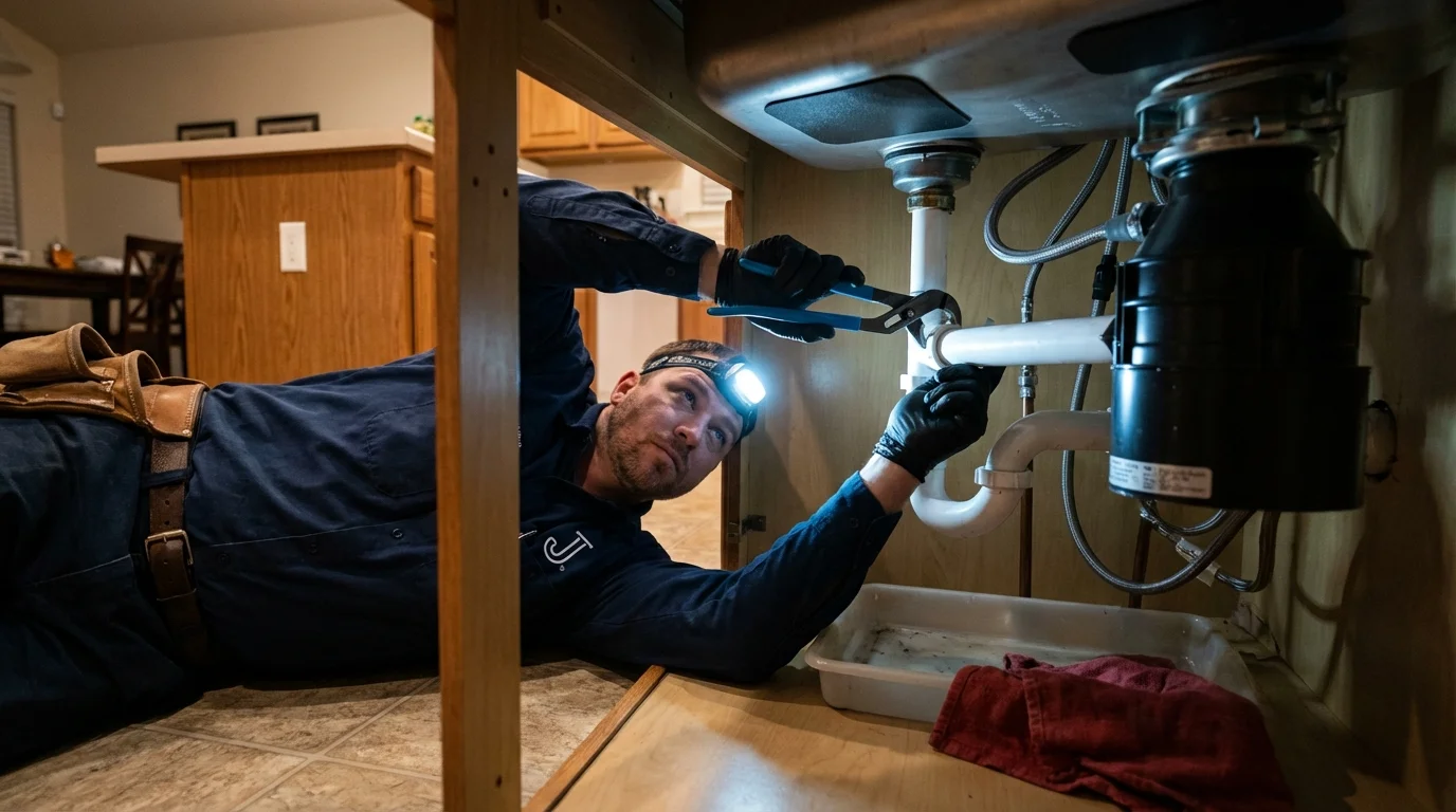 P-trap and supply line connections under a kitchen sink showing a common leak point in Dunlap, TN